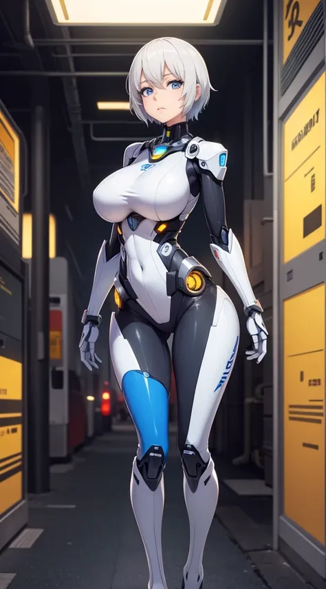 metropolis, mechanical girl, Slender body, Large boobs, narrow waist, HUD, 4k, high quality, super detail face, full body, building background, white short hair, blue eyes