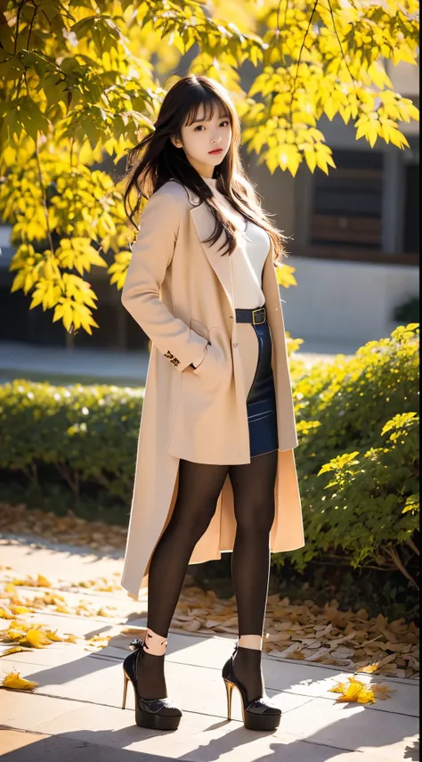 20岁女孩，beautiful  Girl,Wear an overcoat，Wear high heels， Long black hair,With bangs， (The upper part of the body:1.2), Autumn leaves, Outdoor activities, volumettic light, Cinematic, golden time, natural  lightting, realisticlying, natural  lightting, profe...