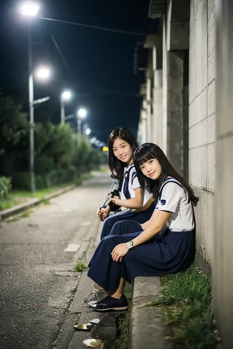 ((Inside a broken concrete building))、((four beautiful japanese girls))、a beauty girl、Cute same school uniform、Same sailor suit、18year old、bangla hair straight short hair, Height 170cm、8th class、((Long skirt to hide the knees))、((Navy long skirt below knee...