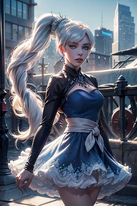 masterpiece,best quality, (weiss schnee from RWBY), (blue eyes), (long white hair), (side ponytail), (medium breasts), (weissmistral, blue dress, long sleeves, jewelry, earrings), cityscape background