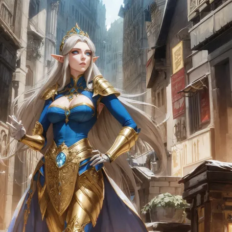 A tall and beautiful elf woman, with blue pupils, contempt in her eyes, a cold expression, a haughty posture, chest up, golden light armor all over her body, looking up camera, strolling through medieval streets, sexy, nsfw