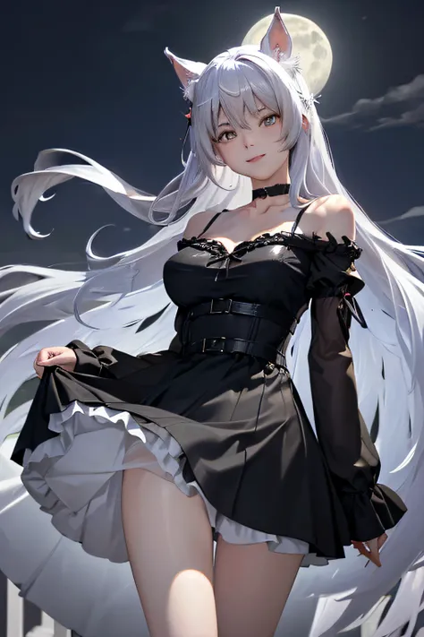 ((Marl、Horse ear headband、fake horse ears)）、（lightly dressed、cleavage of the breast、fully body photo、Beautiful legs)、((Silver hair color、Yellow Colorcon、Snow-white skin、natta、murky、Black Dress、Sexy dresses、nightcity、Ruins、Underworld、A portrait of a beautif...