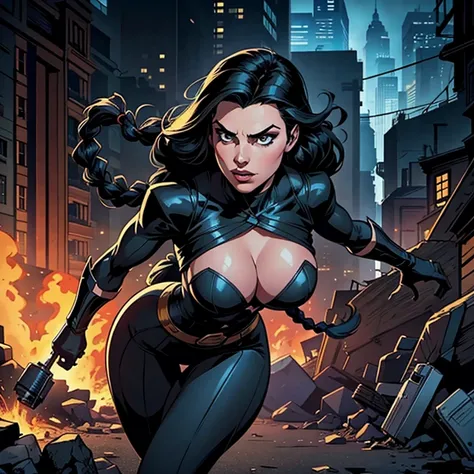 comic book, noir inspired poster with title "(change)". "(white skinned girl with long black hair with a single braid down to her waist, action scene, corpo perfeitoescult,ponto de fuga, perspectiva visao aerea, cinematic angle)". The scene should be in th...