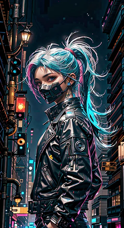 cyber punk personage， neonlight， 1 boy， fairies， Neon hair， Neon eyes， ponytail haircut， Black leather jacket，hooded， sneak， masks，protective goggles，8K，ultraclear，