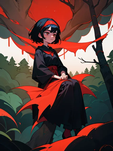 Woman with short black hair、Black Witch Clothes、Red headband、in woods、sitting on