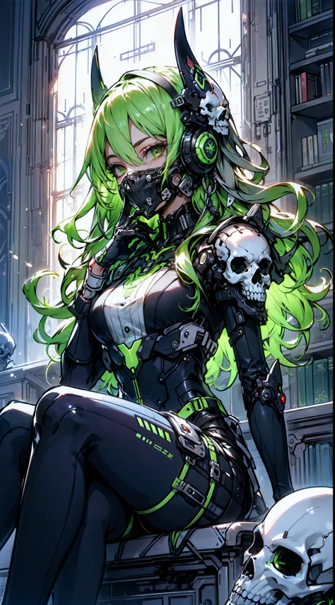 masterpiece, best quality, 1girl, sitting in library, dark green hair big hair tri braids, robot eyes, armor, cyberskullai