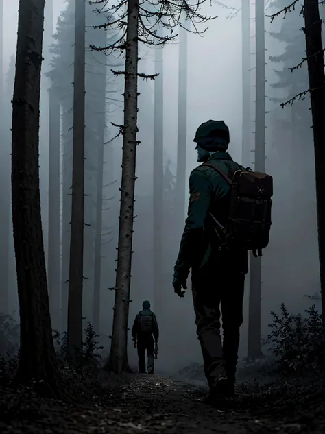 there is a solo man walking in the woods with a backpack, old house, stefan koidl inspired, bussiere rutkowski andreas rocha, by...