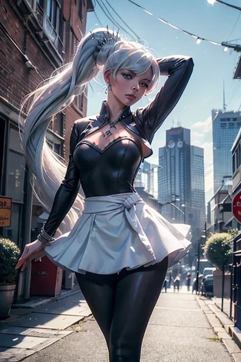 masterpiece,best quality, (weiss schnee from RWBY), (blue eyes), (long white hair), (side ponytail), (medium breasts), (weissmistral), blouse, yoga pants, jewellery, earrings, bracelet, necklace, cityscape backgroundl