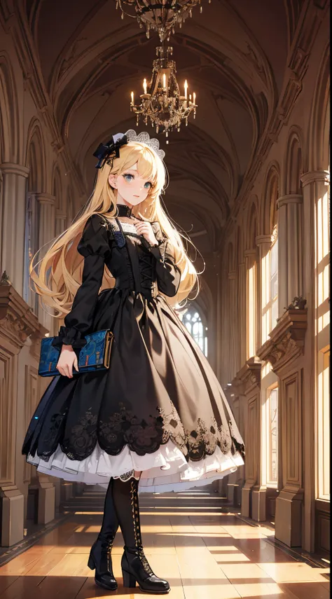 A woman in a dress and boots is standing in front of a building, baroque dress, in detailed steampunk dress, an elegant gothic princess, victorian gothic lolita fashion, Historical Baroque Dress Dark, black gothic lolita dress, fantasy style clothing, roco...