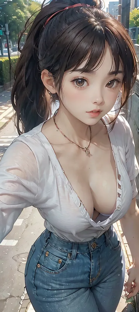 light-brown hair, small breasts, slim waist, thick thighs, shapely butt, slim body, ponytail, (((tight blouse))), cleavage, necklace, seductive posture, breast squeeze, downblouse, leaning forward, park, path, trees, flowers, distant city in the background...