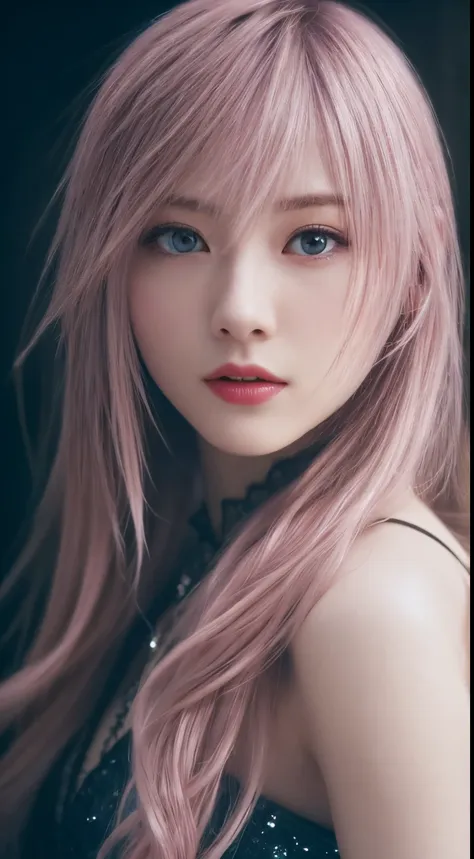 ​masterpiece、top-quality、raw、analog style、stunning full body portrait of beautiful woman、pink hair、pale-skinned、bright blue eyes...