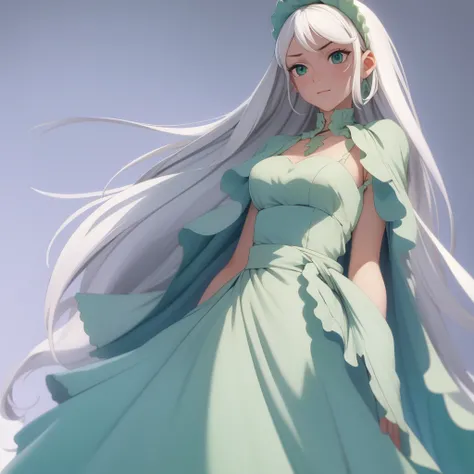 (masterpiece, top quality, best quality), 1girl, full body, white hair, green eyes, blue maid dress