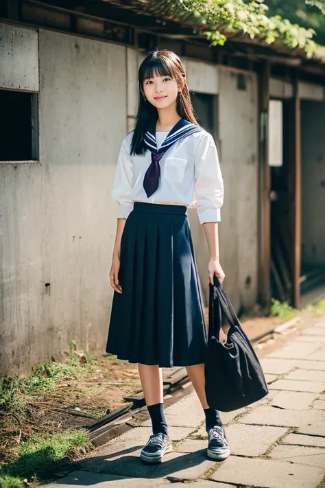 ((Inside a broken concrete building))、((Photography equipment、Photography Staff、Reflector))、((four beautiful japanese girls))、a beauty girl、Cute same school uniform、Same sailor suit、person sitting on a folding chair々.、Eating sweets、18year old、bangla hair s...