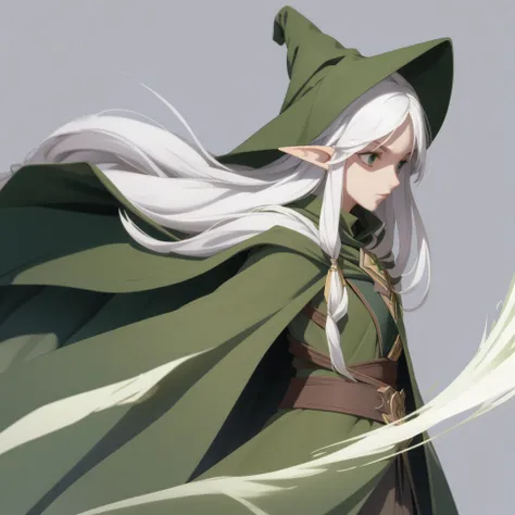 1 girl,solo,witch, elf, long messy white hair, green cloak