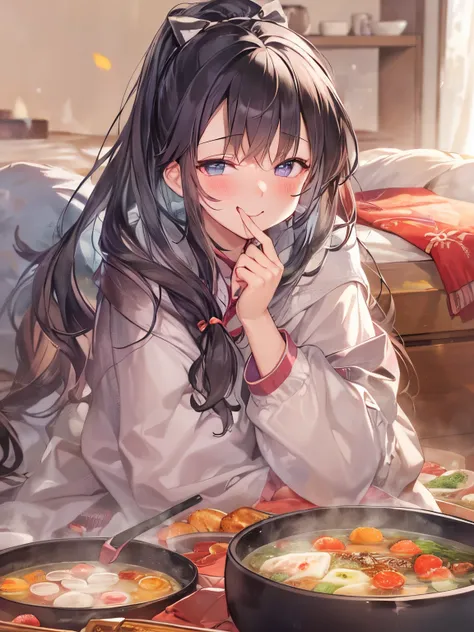 ​masterpiece、top-quality、looking at the viewers、tie long hair up、Warm room、(hair wavy:0.7)、Colorful casual attire、A black-haired woman smiling happily with her mouth open，sit on a kotatsu with a hot pot、