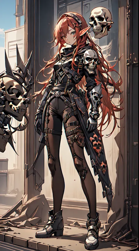 (((masterpiece, best quality))),  (elf), (1girl), solo,  bangs,  red tinted hair，((dessertpunk x cyberskull armor))，long black g...