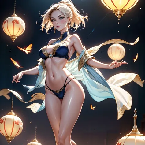 Goddess girl, gorgeous one, splash up, butterflys, Smooth pen and ink,lunar goddess, Whole body diagram，Detailed faces, (Upper part of the body: 1.4), (underwear transparent: 1.3), Golden decoration, solid black background,Beautiful caucasian girl closeup,...