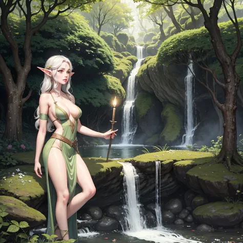 Beautiful young elf girl, 1 girl,solo, middle earth, Hobbit Inspiring their allies with rousing music, Luminary, Average Height, Firm, Round Face, Olive Skin, White Hair, grey Eyes, [[Curved Nose]], Pouty Lips, Prominent Chin, Shoulder-Length Hair, Fine Ha...