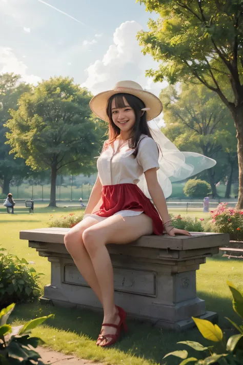 ai, Bard and Berd are sitting on a park bench, looking at the sunset, They are holding hands, with smiles on their faces, Bard is wearing a white shirt, while Berd is wearing a red dress, Nikon, 135 mm, best quality, 4k, obra-prima, Detalhe extremo,