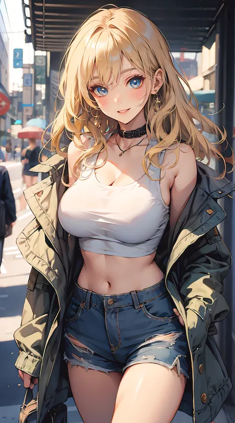 (masterpiece:1.2), best quality, pixiv, cool girl, glorious, blonde hair, street, short shorts, big breast