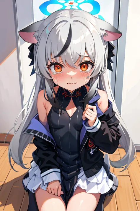 tmasterpiece， best qualtiy， ultra - detailed， 1girll，Gray hair Kokona， inside in room， Orange eye， ：3，the face， tears,   closeup cleavage,  at school