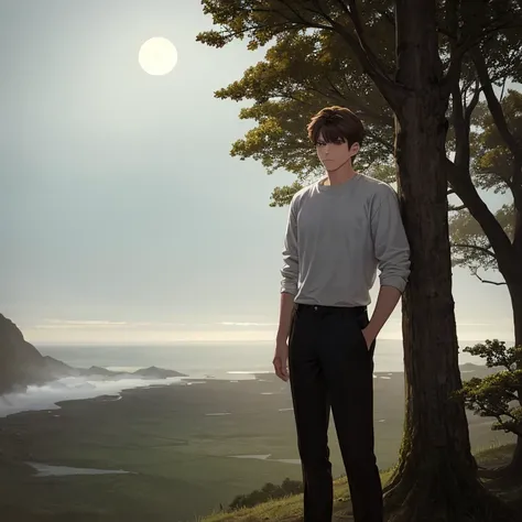 man, 18 years old, brown hair, brown eyes, white shirt, black pants, serious face, serious look, haunted scenery, dead tree, full moon, lots of fog.