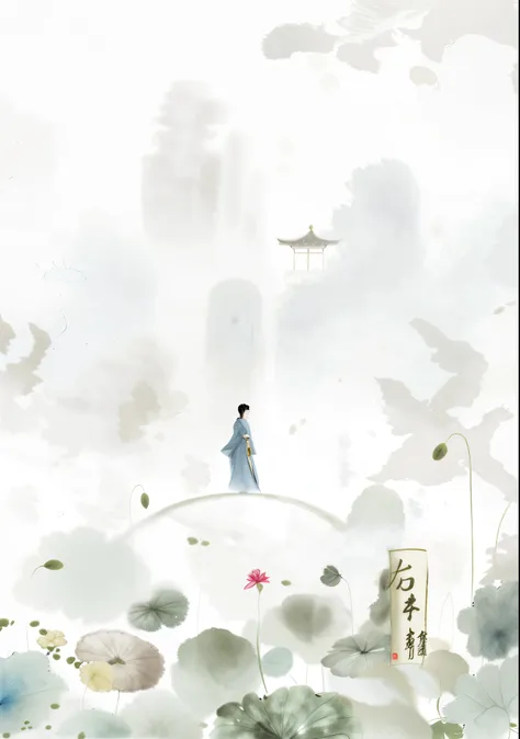 A woman walked across a bridge among flowers, serene illustration, A beautiful artistic illustration, Zen temple background, chinese watercolor style, Blurry and dreamy illustration, Blurry and dreamy illustration, by Cheng Jiasui, Dream illustration, digi...