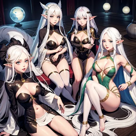 girls,harem, elf, long messy white hair, full body