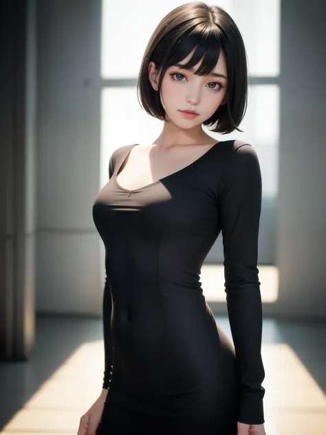 1girl, black hair, a-line short hair, grey eyes, detailed eyes, solo focus, simple background, female focus, solo, standing, , p...