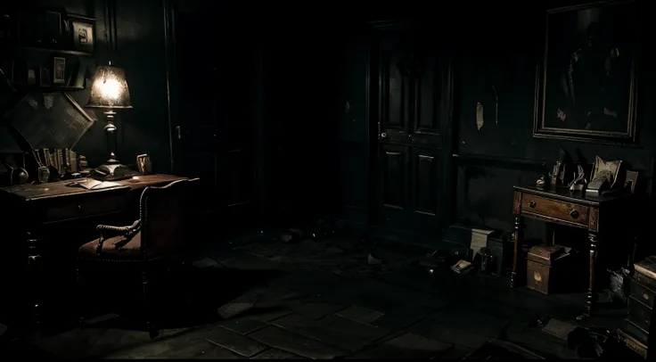 Room with a dark environment, several books scattered on the floor, desk with a note on it, dark and macabre atmosphere styled in the Resident Evil mansion and alone in the dark. Dark, night-time atmosphere, sinister Outlast and Resident Evil style horror ...