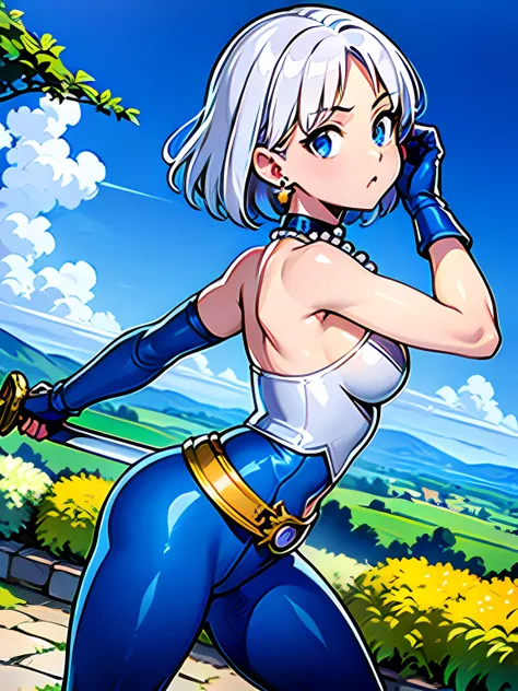 (masterpiece, best quality:1.1), thief (dq3), 1girl, solo, short hair, white hair, blue eyes, medium breasts, pink gloves, jewel...