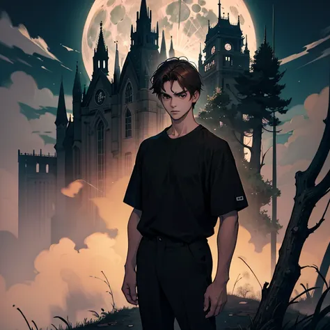 man, 18 years old, brown hair, brown eyes, black shirt, black pants, serious face, serious look, haunted scenery, dead tree, full moon, lots of fog.