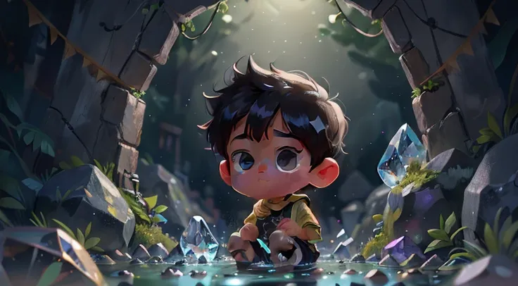 (Cute little boy) (5 to 6 years) lookingat, see crystal, Diamante, Trapped in stones, the night, Dark (Dark: 0.8) (Clutter - home: 0.8), (tmasterpiece: 1.2) (Realist: 1.2) (bokeh) (Better quality) (Complicated details) (8K) (tack sharp focus), (Delicate sk...