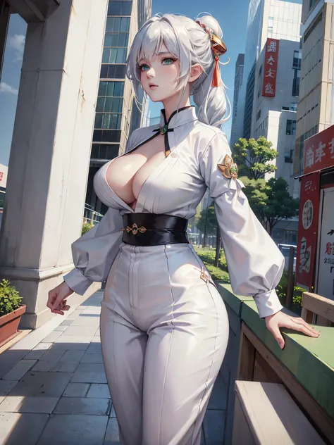 tmasterpiece , Best quality at best,Nahida(genshin impact), 1个Giant Breast Girl , white  shirt:1.5 ,side ponytails ,White hair ,Colorful hair, green-eyed,leisure wear , has cleavage , Black collar, Bao , Green hair,Heavy traffic , City life