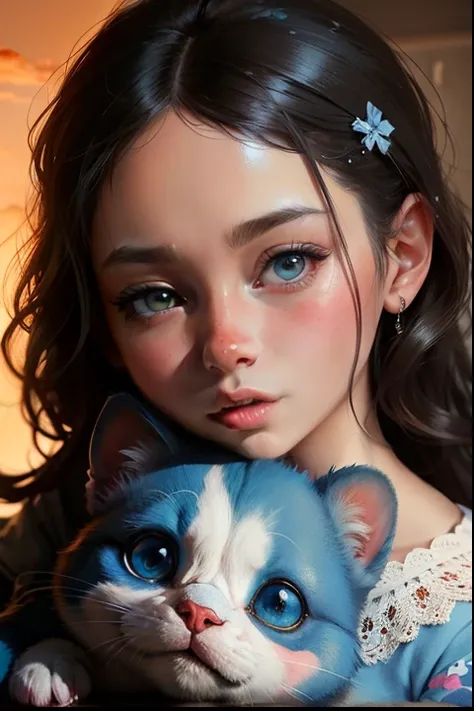 garota de anime com um travesseiro em forma de stitch azul da disney, Arte no estilo de Guweiz, painting digital adorable, kawaii retrato realista, pintura realista da menina bonito, arte digital detalhada bonito, estilo de arte realista, Estilo anime 3D r...