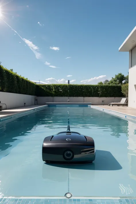 surface vacuum cleaner， Sleek streamlined design, The lines are clear and smooth, Smooth lines and great power, Top camera recognition，solar panel，There are infrared sensors on both sides，Real swimming pool scene，Three View