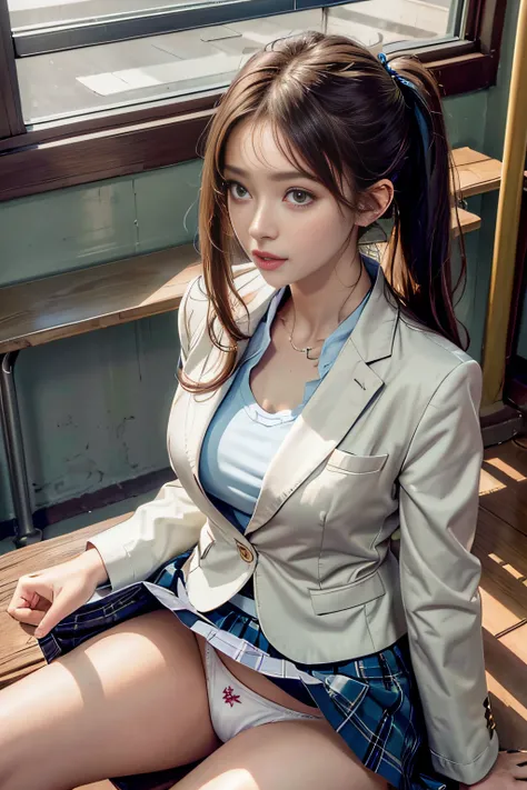 Photorealistic, High resolution, Soft light,1womanl, Solo, hips up high, (Detailed face),（(Girl sitting in school classroom))，Colorful hair、short-cut，Wear、(White Blazer)、(Check skirt),Long hair、(poneyTail)、((up skirt)）、（(mix４)）、(appearance々Colored panties ...