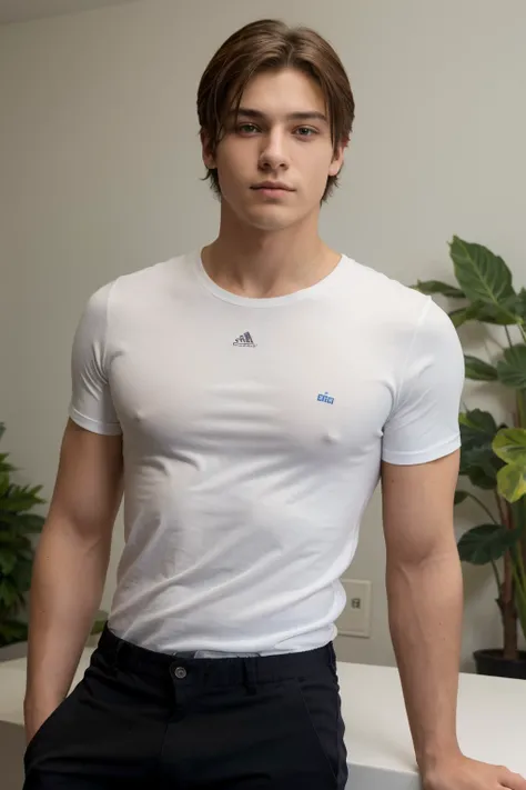 A 20 YEAR OLD MALE MAN, con cabello rubio con flequillo, vistiendo una remera azul y pantalones deportivos de color negro, ojos verdes. energetic, atractivo.