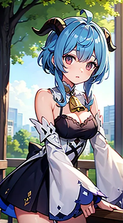 outside, goat daylight, horns, blue hair, detached sleeves, bell, dress