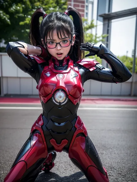 middle school girl、cute little、Hair wet with a lot of sweat、Wearing a Gundam suit(Crimson and black)、A dark-haired、cyborgs、Erotic Poses、The  is visible、The nipple is visible、Sweaty face、Lie on the ground、Opening legs、、sexy eye、Opening Mouth、Black tabby gla...