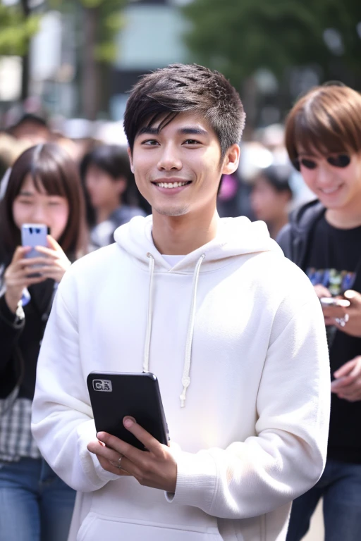 A 20-year-old Japanese man smiles while looking at his smartphone.,There are a lot of people at the idol live venue.,Wearing a white hoodie