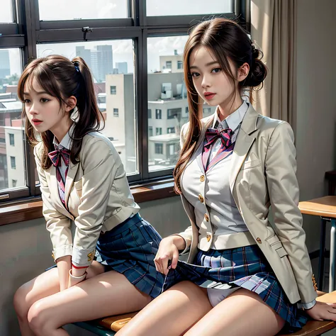 Photorealistic, High resolution, Soft light,1womanl, Solo, hips up high, (Detailed face),（(Girl sitting in school classroom))，Colorful hair、short-cut，Wear、(White Blazer)、(Check skirt),Long hair、(poneyTail)、((up skirt)）、（I can see panties）、