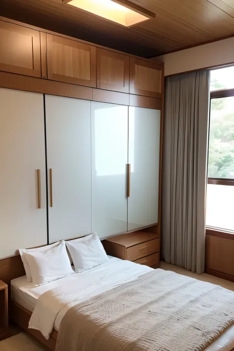 There is a glass display cabinet in the room，There are beds, elegant wardrobe, oled lights in corners, Highly detailed soft lighting, Volumetric soft lighting, Two wooden wardrobes, rendered lighting, Personal room background, Soft and diffuse lighting, In...