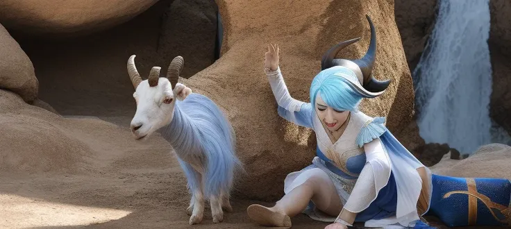 outside, goat, daylight, horns, blue hair, detached sleeves, bell, animal, ganyu