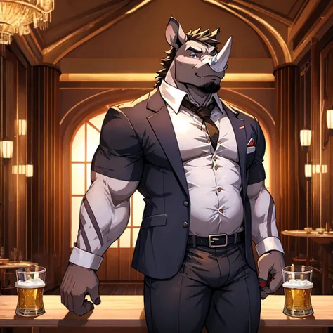 ((best quality)), ((masterpiece)), (detailed), perfect face, rhino, anthro, furry, athletic, beer belly, elaborate vest, elaborate shirt, black expensive suit pants, ballroom, black hair, (purple horn),