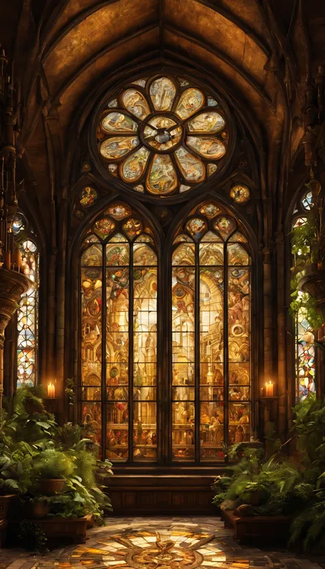 Medieval monastery，steampunk robot monk，Beautiful ornate building，Steampunk machinery and gearquisite stained glass windows，ancient stone floor，The engraving is complex，Glowing candles，Lush plants，Calm and tranquil environment，Mechanical wings attached to ...