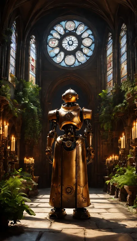 Medieval monastery，steampunk robot monk，Beautiful ornate building，Steampunk machinery and gearquisite stained glass windows，ancient stone floor，The engraving is complex，Glowing candles，Lush plants，Calm and tranquil environment，Mechanical wings attached to ...