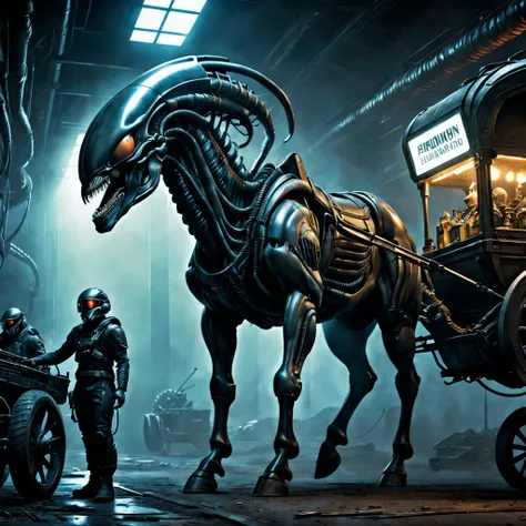 (a futuristic dystopian,scifi,xenomorph,mysterious) horse-drawn cart,best quality,4k,8k,highres,masterpiece:1.2,ultra-detailed,realistic:1.37,[HDR] [UHD],studio lighting,ultra-fine painting,sharp focus,physically-based rendering,extreme detail description,...