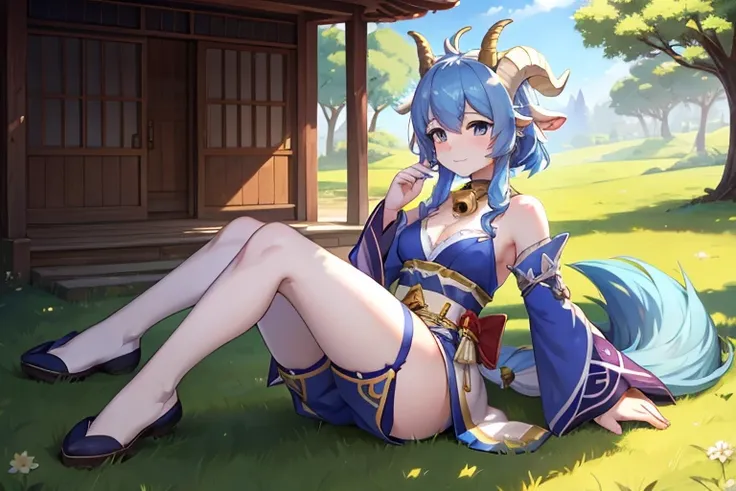 outside, goat, daylight, horns, blue hair, detached sleeves, bell, animal, ganyu, four legs