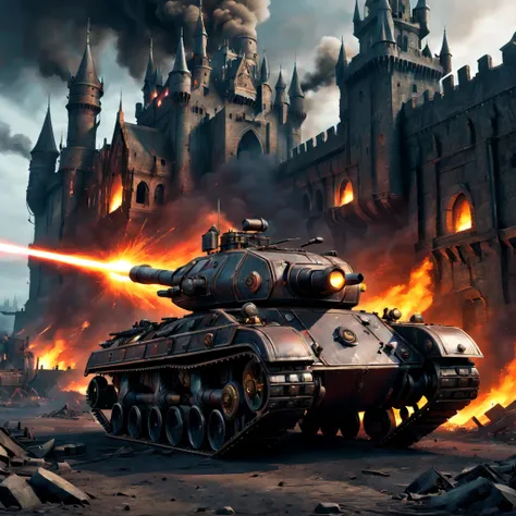 Medieval sci-fi laser tank，Wooden surface，Huge wheels，Steam-powered engines，Soot effect，Castle in ruinortress wall，dark palette、动态照明、ray cannon、advanced technologieysterious Energy、flames and sparks、Vivid colors、A post-apocalyptic wasteland、Creative vehicl...